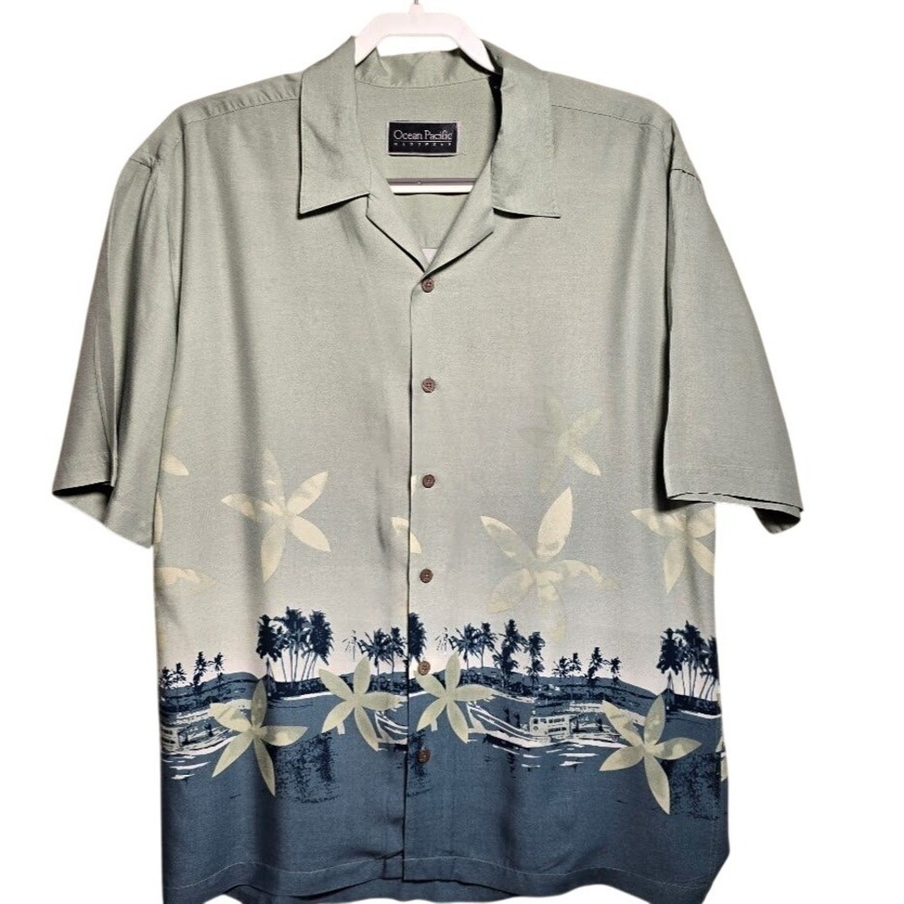 VTG Ocean Pacific Tropical Palm Tree Menswear Sage Green Rayon Camp Shirt L.672